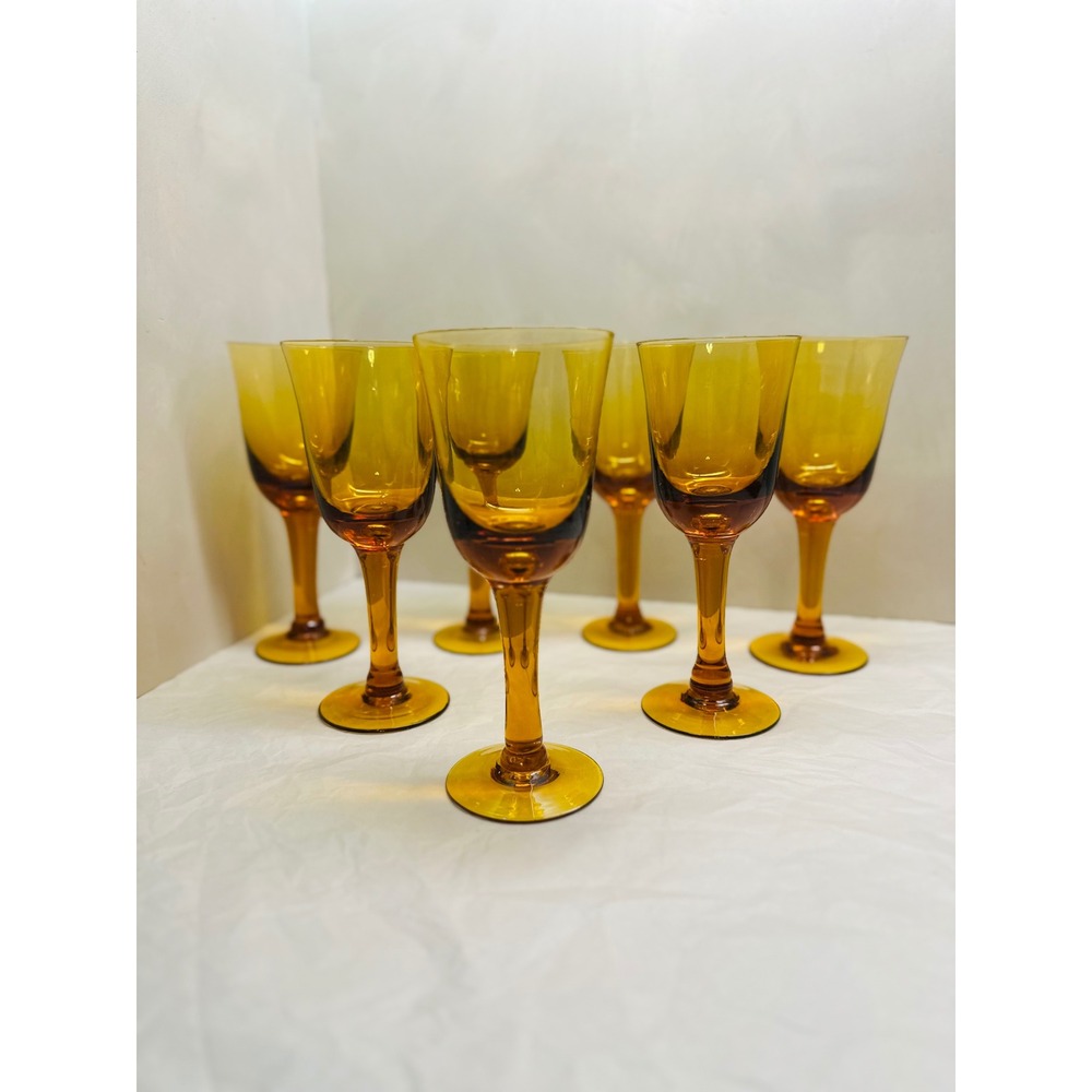 Vintage Amber Glass Wine Goblets Mid Century Modern Stemware Set of 7